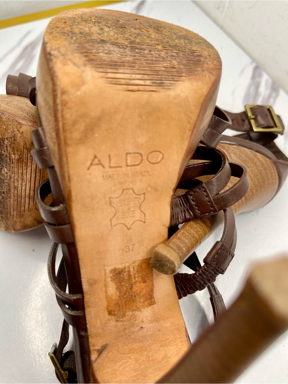 Aldo Brown Strappy High Heel Sandals with Intricate Design Sz EU 37/ US 6.5-7 - Picture 9 of 12